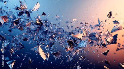 A chaotic burst of smoky textures in deep icy blue and metallic rose gold tones, forming jagged, unpredictable shapes against a gradient of twilight colors.