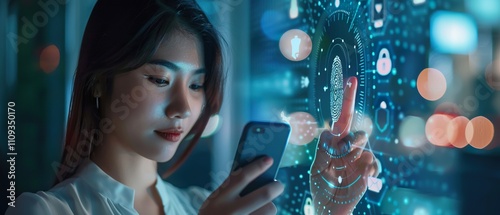 Woman using mobile phone for biometric fingerprint scanning to access secure mobile banking app, showcasing privacy protection icons. photo