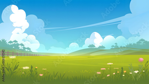 An illustration of a serene nature scene with a clear blue sky, fluffy white clouds, and a vast gree