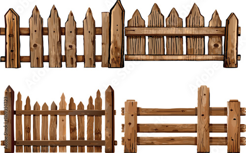 Four different styles of rustic wooden fences creating a secure boundary