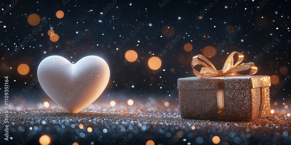 Glittering white heart and a golden gift box with a sparkling bow on a shimmering surface with warm bokeh lights Glittering white heart and a golden gift box with a sparkling bow on a shimmering surface with warm bokeh lights
