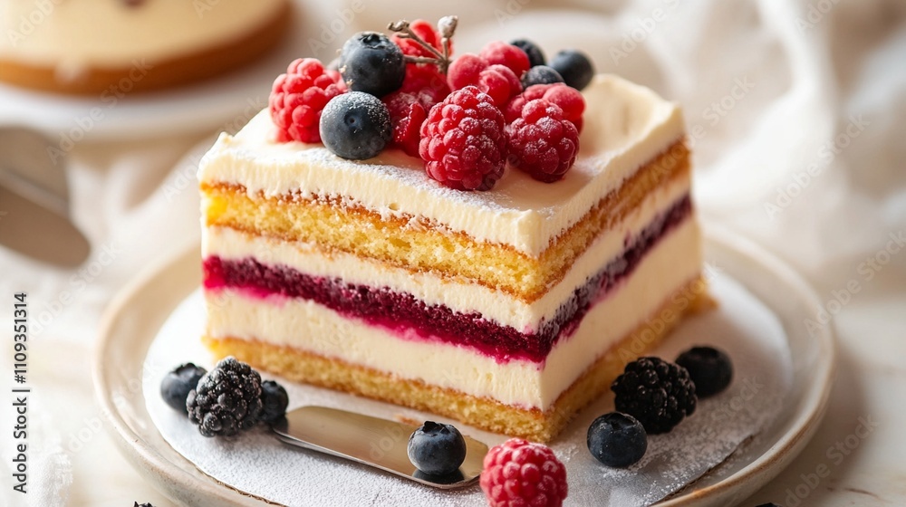 A delicious slice of cake adorned with fresh berries on a plate, perfect for dessert lovers and ideal for any sweet tooth craving a tempting treat on any occasion. A delicious slice of cake adorned with fresh berries on a plate, perfect for dessert lovers and ideal for any sweet tooth craving a tempting treat on any occasion.