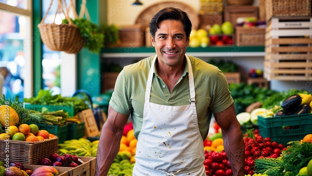 Obraz premium A grocer presents fresh produce at a vibrant market stall.
