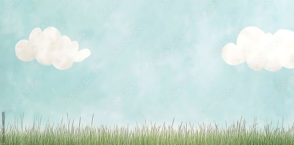 Obraz premium A grassy field in flat pastel green with a light blue sky and white clouds, drawn in a children's book style. 
