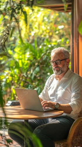 Professional man working remotely on a laptop in a sunlit garden office, blending technology with a serene natural setting for a balanced and productive workday.