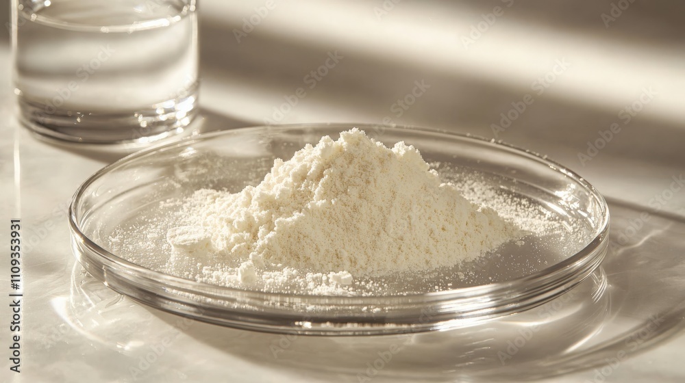 Fine white powder arranged on a glass plate with water in the background Fine white powder arranged on a glass plate with water in the background