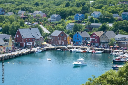 High-angle view of a charming coastal town with colorful buildings, boats in the harbor, and people enjoying the waterfront. 
