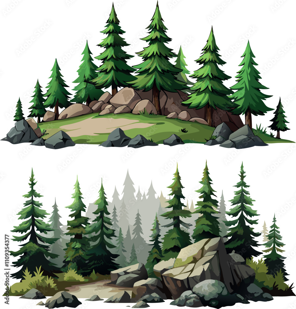 Obraz premium Lush green pine forest growing on rocky terrain