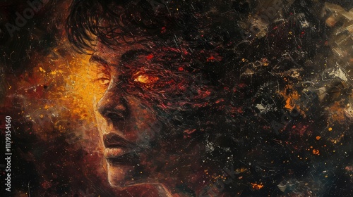 An abstract, fiery portrait depicting a face surrounded by swirling textures and glowing orange tones. The artwork captures an intense, otherworldly essence. AI generated.