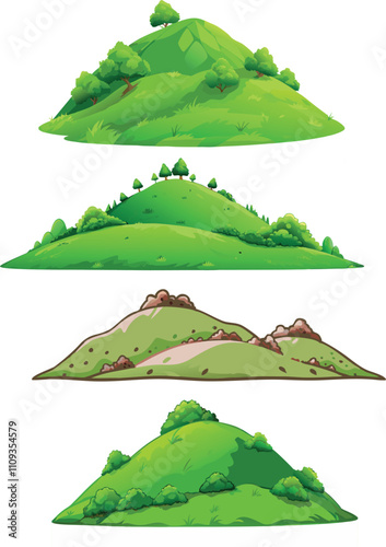 Different lush green hills covered with trees and bushes