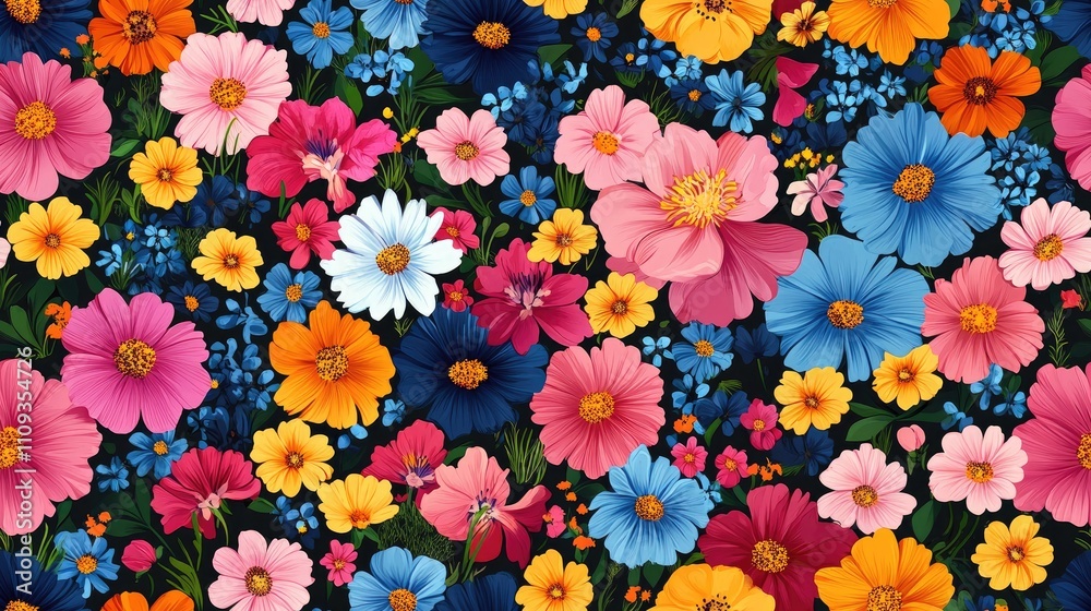 Seamless floral pattern featuring a vibrant collection of blooming flower elements perfect for textile design and invitations Seamless floral pattern featuring a vibrant collection of blooming flower elements perfect for textile design and invitations