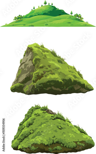 Green grassy hills and mossy rocks isolated on white background