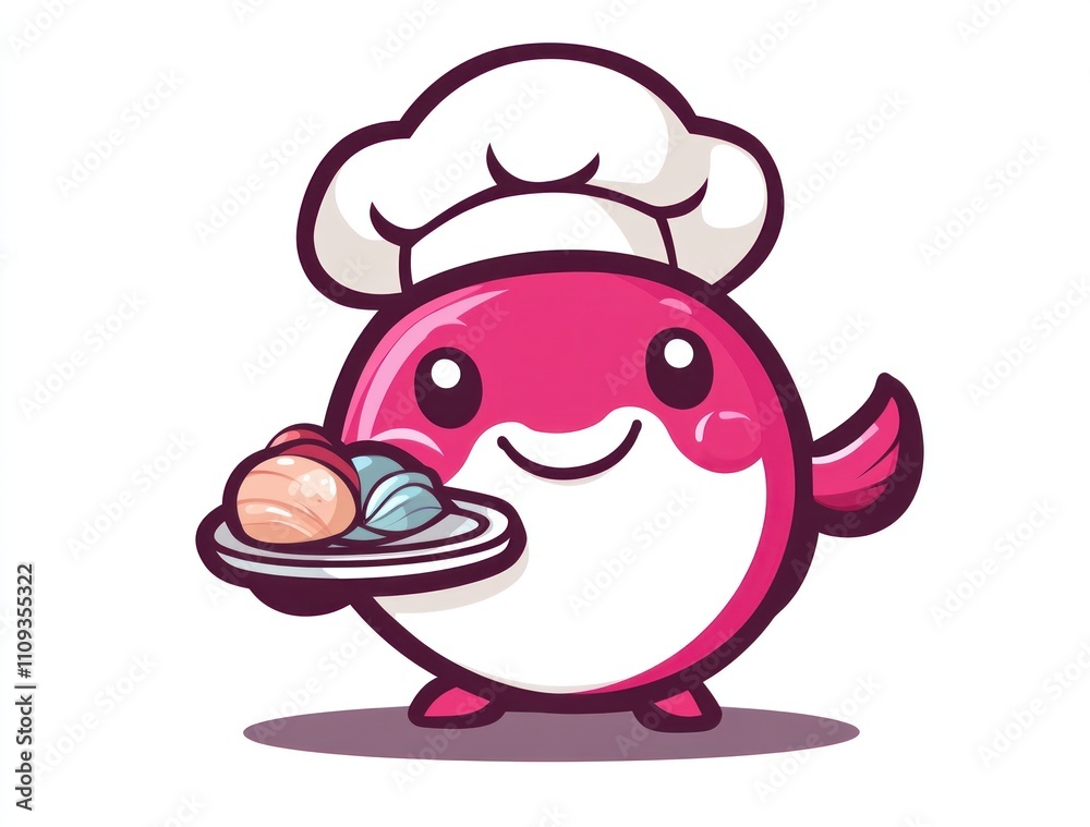 Cute cartoon chef fish serving sushi on a plate. Cute cartoon chef fish serving sushi on a plate.