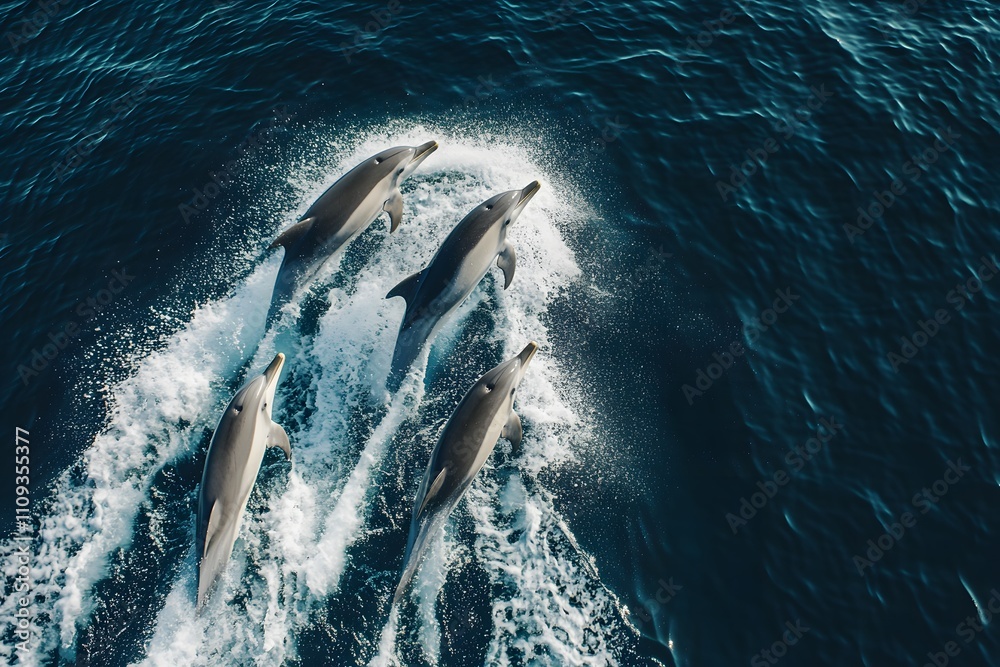Fototapeta premium Aerial view of a luxury yacht surrounded by playful dolphins, capturing a moment of joy in the open sea.