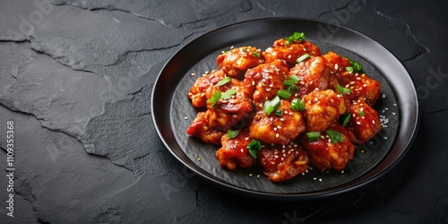 Korean spicy chicken dish with Buldak Gochujang Sauce served on a black plate, Korean, cuisine, chicken, spicy, Buldak photo