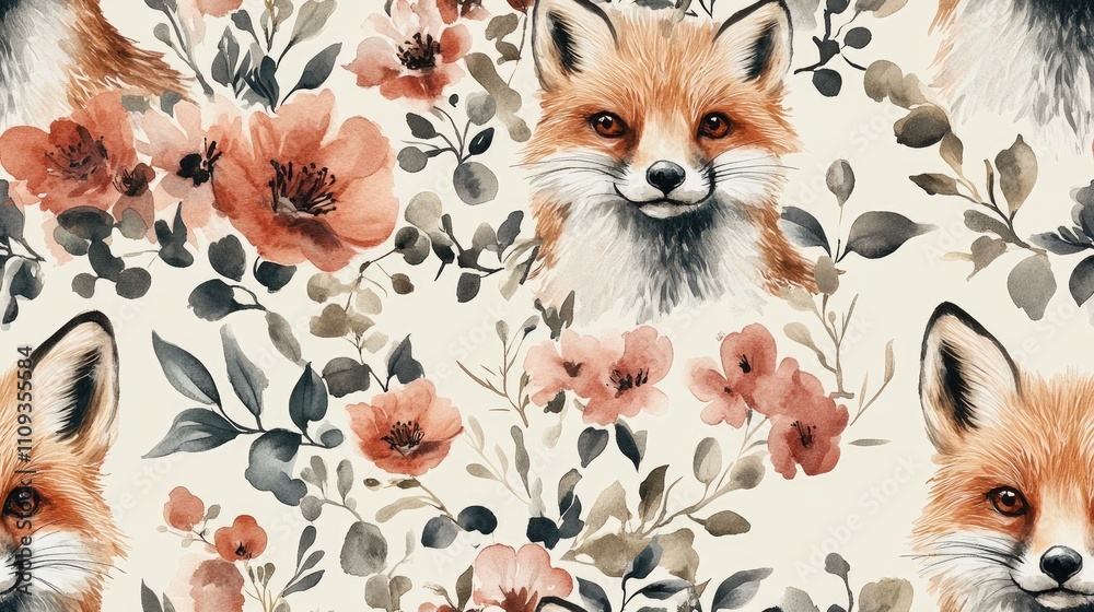 Fototapeta premium Seamless pattern of hand drawn watercolor fox surrounded by flowers ideal for children s animal themed decor forest animals cute patterns