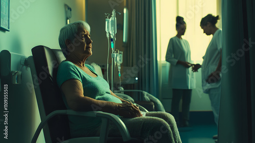 Patient receiving chemotherapy treatment in a hospital room, focusing on hope and resilience in the face of medical challenges.
