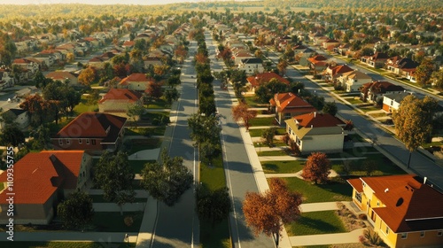 Aerial view of a suburban neighborhood in autumn.