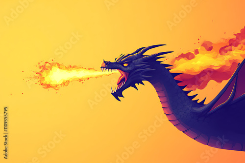 A fierce dragon breathing fire against a gradient orange background. photo