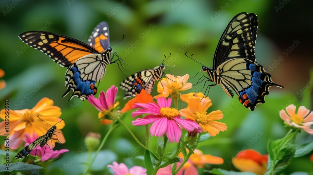 Fototapeta premium Colorful Butterflies Gathering on Vibrant Flowers in a Garden Setting