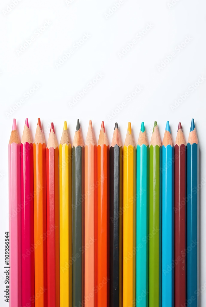 Colorful group of pencils and crayons arranged in a row on a white background Colorful group of pencils and crayons arranged in a row on a white background