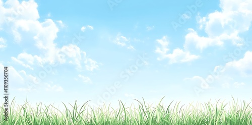 A minimalist, flat illustration of a grassy field in pastel colors, a clear blue sky with white clouds. 