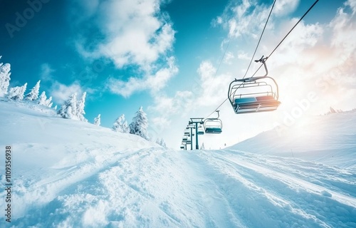 Ski lift on a snow-covered mountain with blue sky and clouds in the Alps. AI generated illustration photo