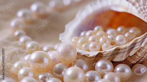 Seashell with pearls on sand. Luxury and jewellery concept with place for text for design and print