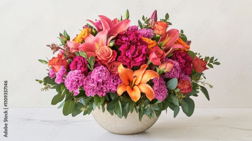 Vibrant Floral Arrangement with Pink and Orange Blooms in Bowl Vibrant Floral Arrangement with Pink and Orange Blooms in Bowl