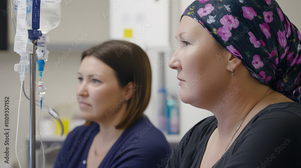 Obraz premium Patient receiving chemotherapy treatment in a hospital room, focusing on hope and resilience in the face of medical challenges.