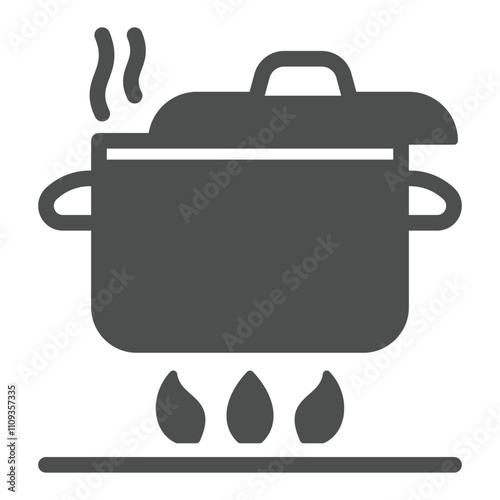 Pot on fire solid icon, cooking concept. Vector graphics. Kitchen pot sign on white background, glyph style icon for mobile or web design.