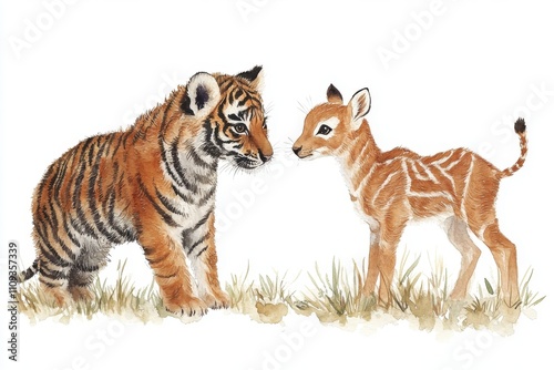 A tiger cub and a young deer face each other in a natural setting.