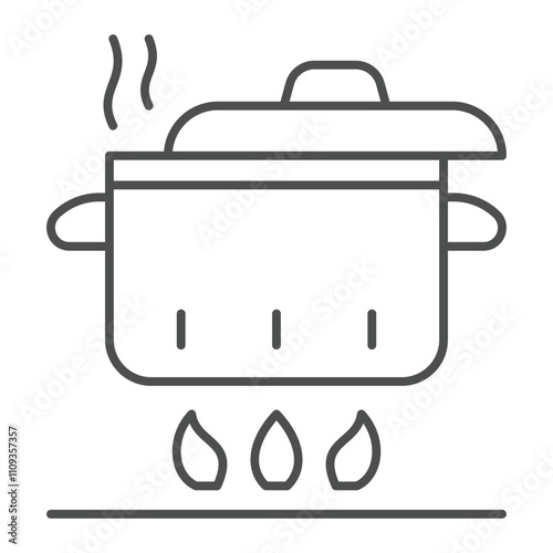 Pot on fire thin line icon, cooking concept. Vector graphics. Kitchen pot sign on white background, outline style icon for mobile or web design.