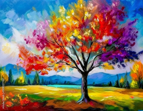 Painting of a tree with colorful flowers in the autumn season. Oil color painting. Generative AI.