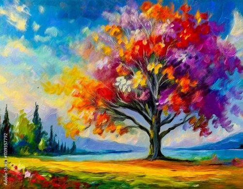 Painting of a tree with colorful flowers in the autumn season. Oil color painting. Generative AI.