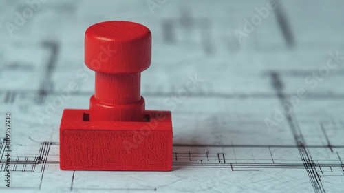 Red rubber stamp on blueprint paper, symbolizing approval or marked documentation in business or architectural projects.