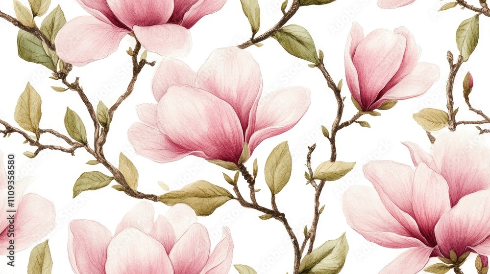 Obraz premium Seamless pattern of hand painted light pink magnolia flowers with twigs and leaves on a white background ideal for spring themed prints and cosmetic packaging
