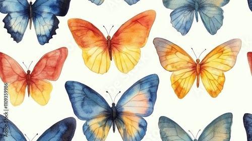 Colorful watercolor butterfly seamless pattern on a white background perfect for fabric designs and wallpapers