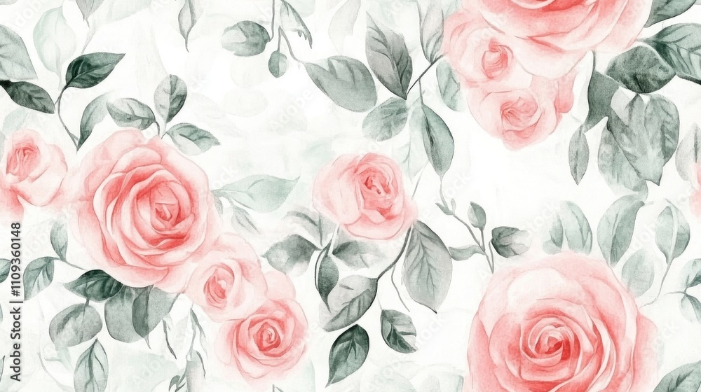 Fototapeta premium Watercolor seamless pattern featuring delicate pink roses and lush green leaves ideal for textile and wallpaper design floral decor