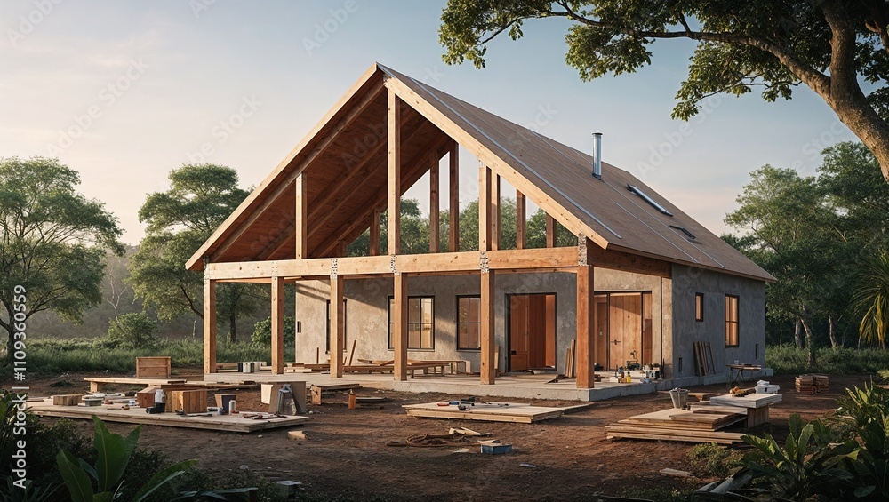 The structure of a contemporary home emerges amidst natural beauty. The structure of a contemporary home emerges amidst natural beauty.