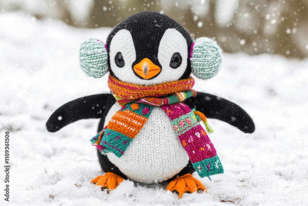 Knitted penguin toy wearing earmuffs and scarf in snow. Knitted penguin toy wearing earmuffs and scarf in snow.