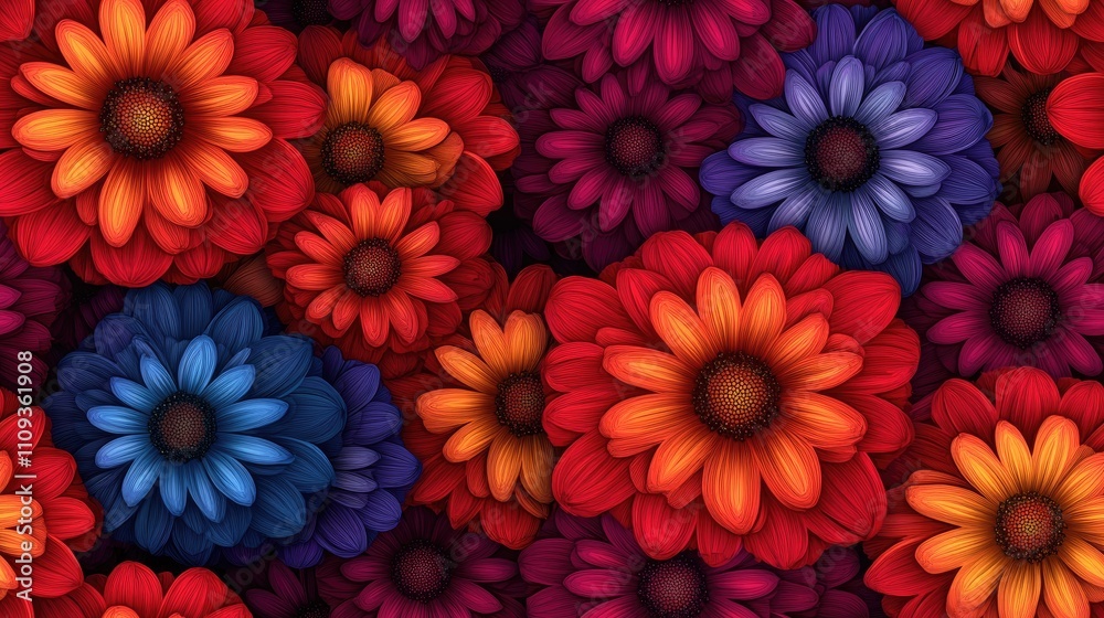 Seamless digital flower pattern with vibrant colors on a rich red background ideal for textile design