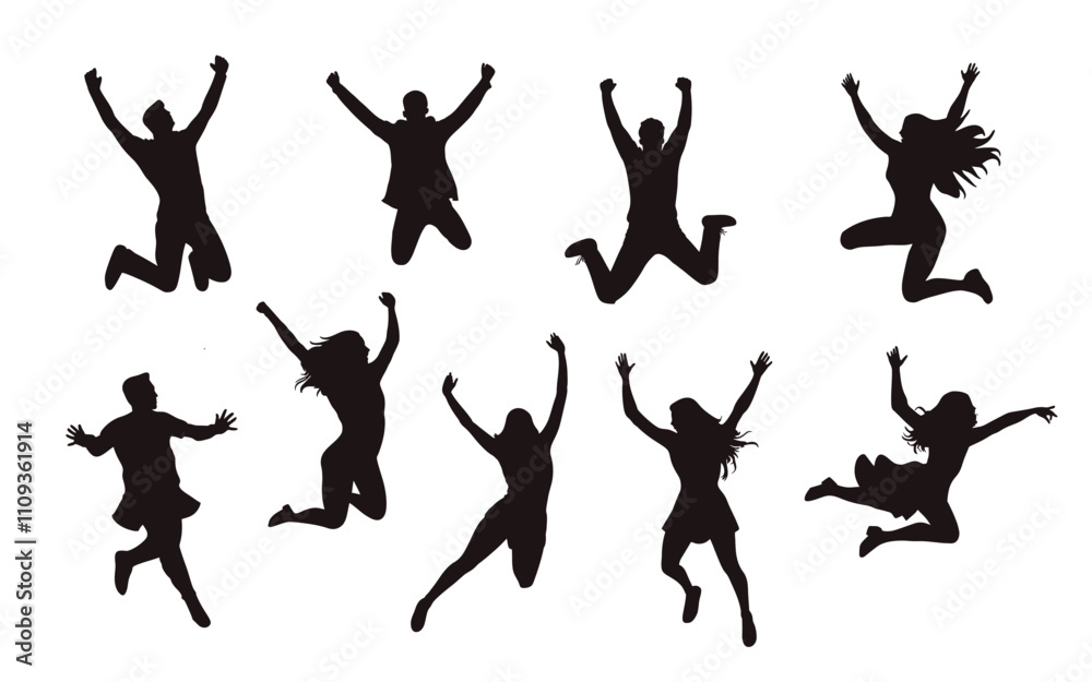 Happy businessmen run and jump, happy children jumping - vector