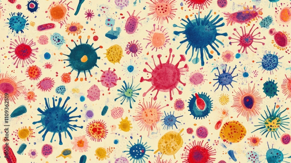 Seamless pattern featuring hand drawn microbes and germs colorful watercolor background ideal for fabric design textile patterns Seamless pattern featuring hand drawn microbes and germs colorful watercolor background ideal for fabric design textile patterns