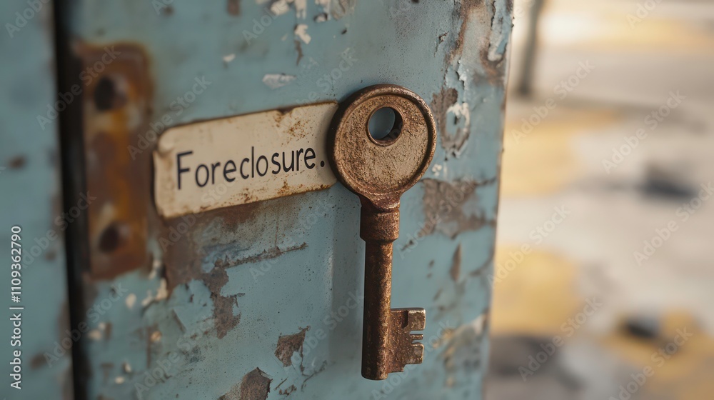 Rusty key on a weathered door with a foreclosure label. Rusty key on a weathered door with a foreclosure label.