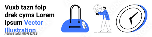Cartoon man holding a lightbulb, blue duffel bag with a tag, and a large clock. Ideal for business trips, productivity, innovation, management, travel workplace and punctuality themes. Landing page