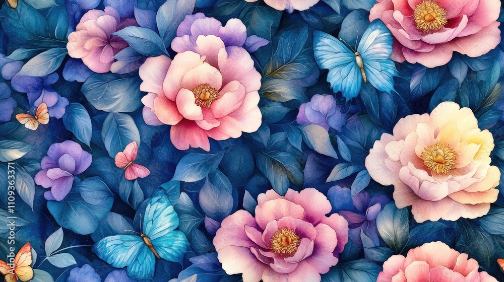 Obraz premium Seamless pattern of delicate watercolor peony flowers and leaves intertwined with butterflies perfect for fabric design and home decor