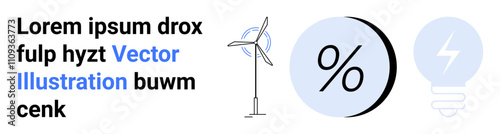 Wind turbine, percentage sign, and light bulb with lightning. Ideal for renewable energy, finance, environment, conservation, presentations, infographics, education Landing page