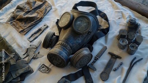Vintage gas mask and survival gear displayed on a rustic surface in a historical context