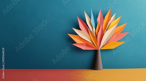 Vibrant paper tree art on a colorful background, showcasing creativity and design in a minimalist style. photo